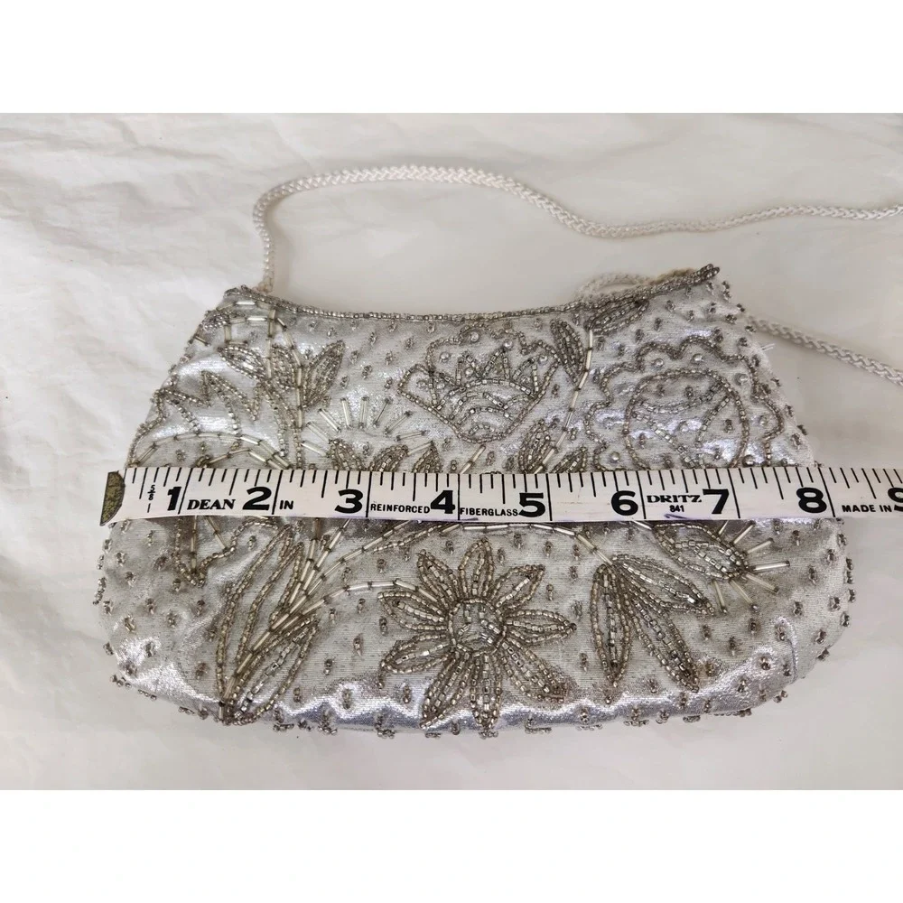 Vintage Valerie Stevens Silver Hand-Beaded Evening Bag‎ Braided Strap 8